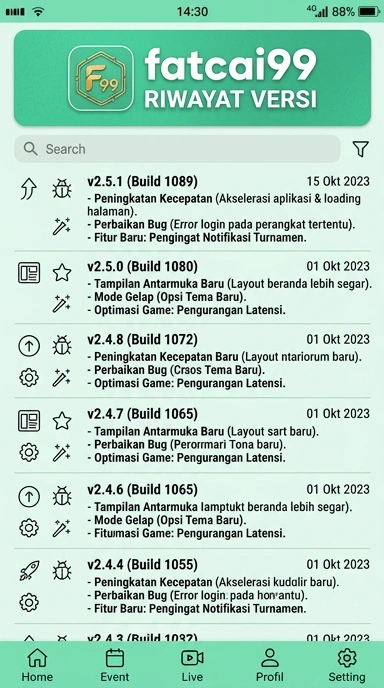 Tampilan riwayat versi fatcai99